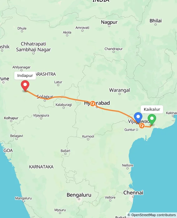 Route map showing distance and travel time from Kaikalur, India to Indapur, India