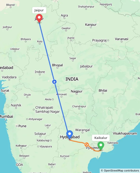 Route map showing distance and travel time from Kaikalur, India to Jaipur, India