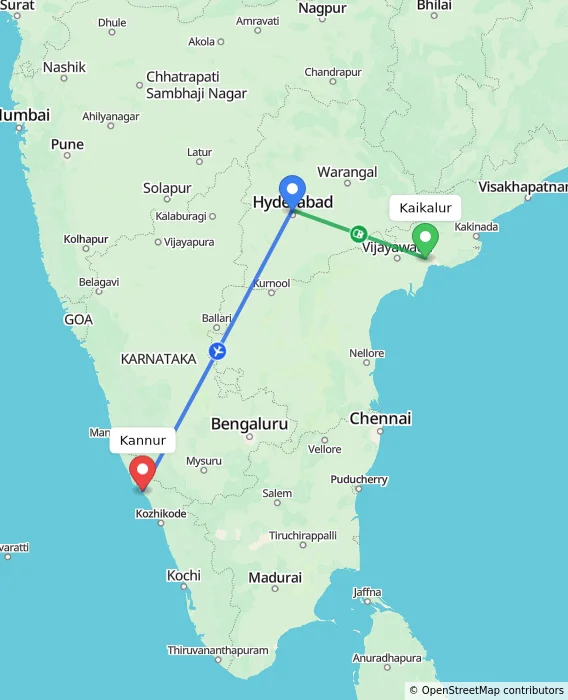 Route map showing distance and travel time from Kaikalur, India to Kannur, India