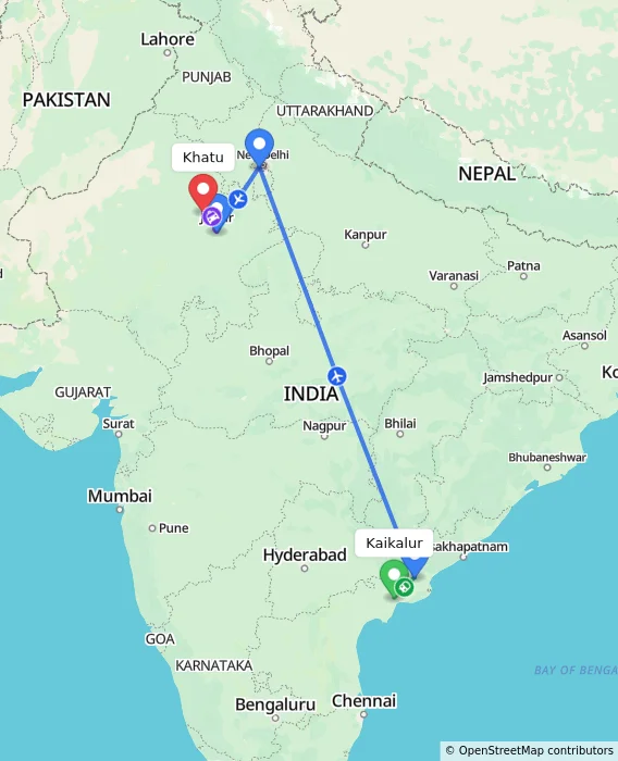 Route map showing distance and travel time from Kaikalur, India to Khatu, India