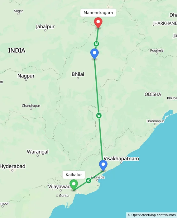 Route map showing distance and travel time from Kaikalur, India to Manendragarh, India