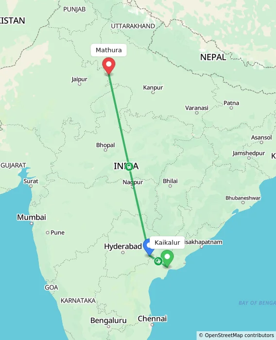 Route map showing distance and travel time from Kaikalur, India to Mathura, India