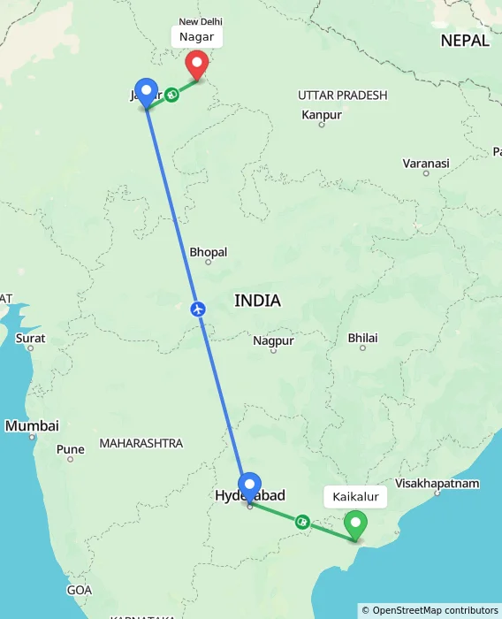 Route map showing distance and travel time from Kaikalur, India to Nagar, India