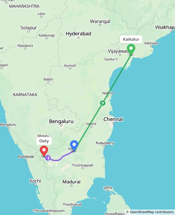 Route map showing distance and travel time from Kaikalur, India to Ooty, India