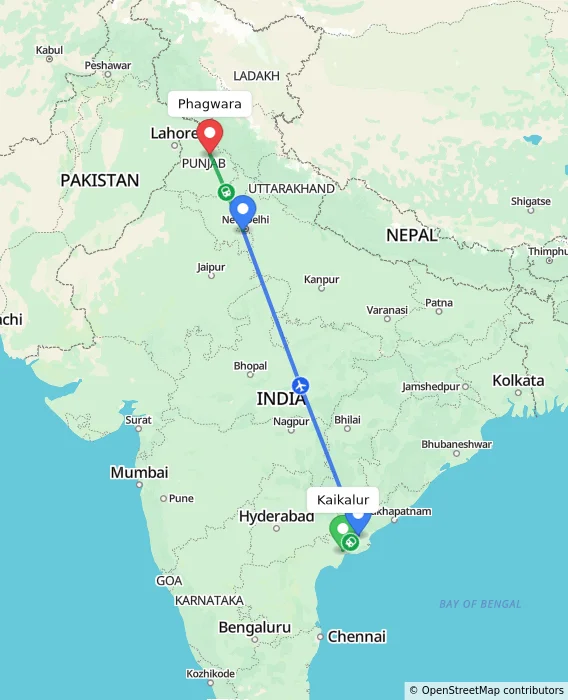 Route map showing distance and travel time from Kaikalur, India to Phagwara, India