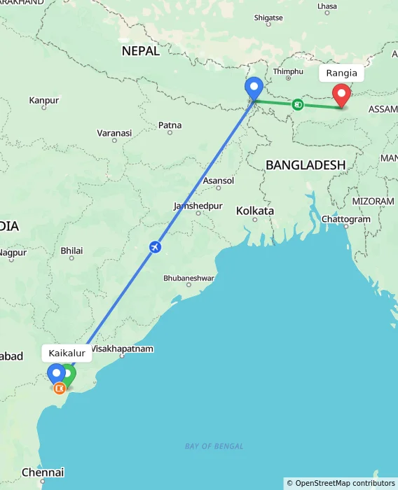 Route map showing distance and travel time from Kaikalur, India to Rangia, India