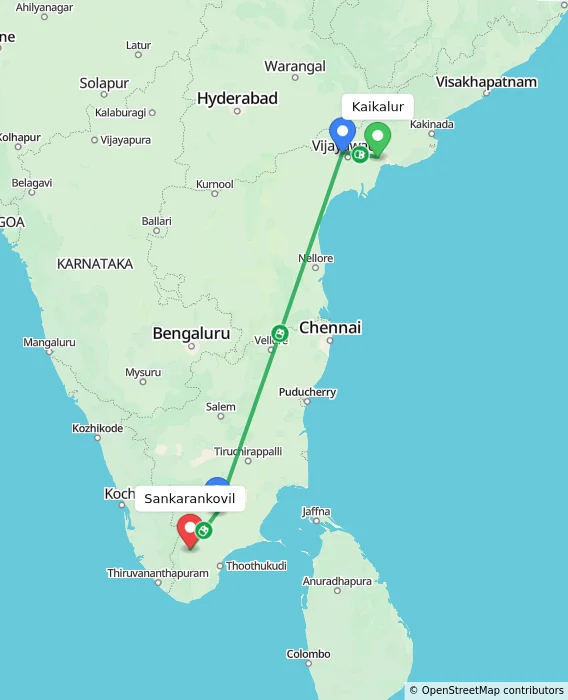 Route map showing distance and travel time from Kaikalur, India to Sankarankovil, India
