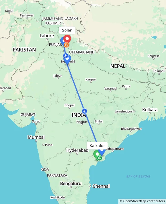 Route map showing distance and travel time from Kaikalur, India to Solan, India