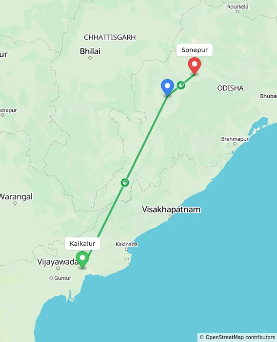 Route map showing distance and travel time from Kaikalur, India to Sonepur, India