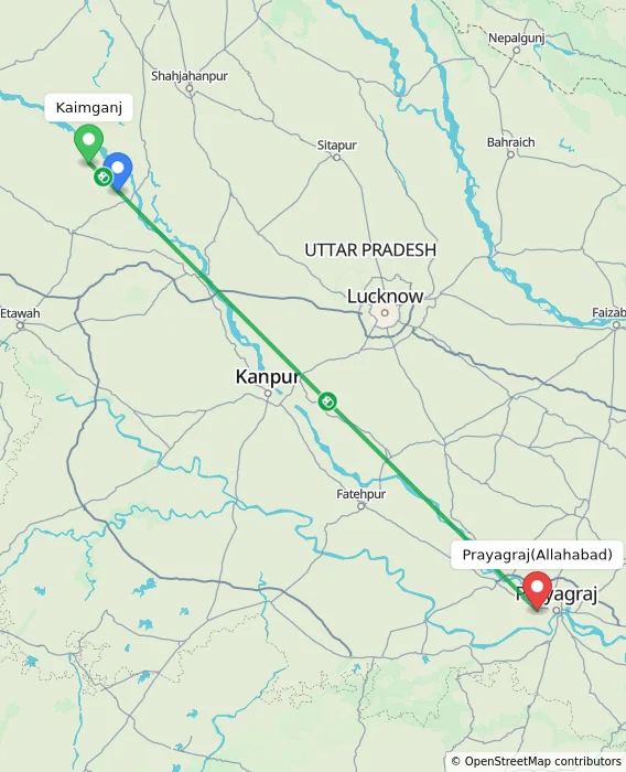 Route map showing distance and travel time from Kaimganj, India to Allahabad, India