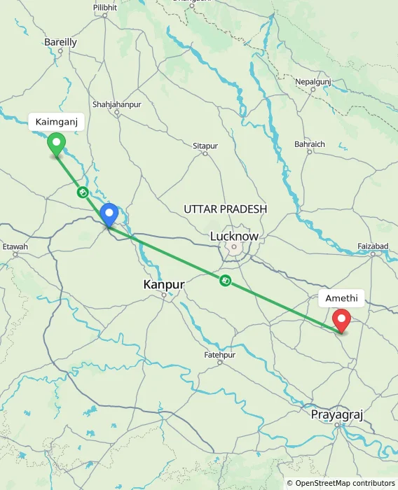 Route map showing distance and travel time from Kaimganj, India to Amethi, India