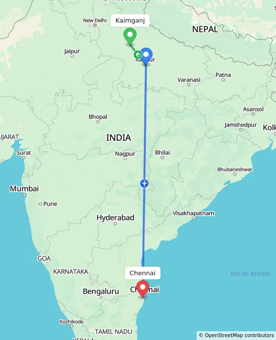 Route map showing distance and travel time from Kaimganj, India to Chennai, India