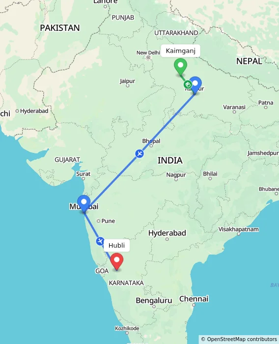 Route map showing distance and travel time from Kaimganj, India to Hubli, India