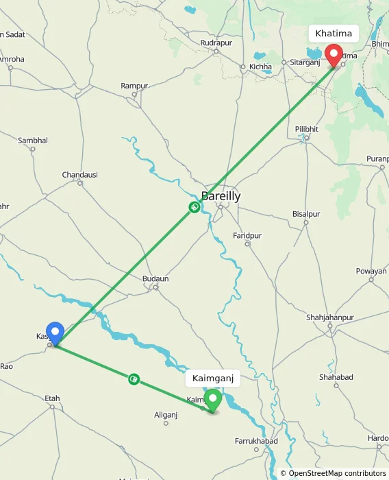 Route map showing distance and travel time from Kaimganj, India to Khatima, India