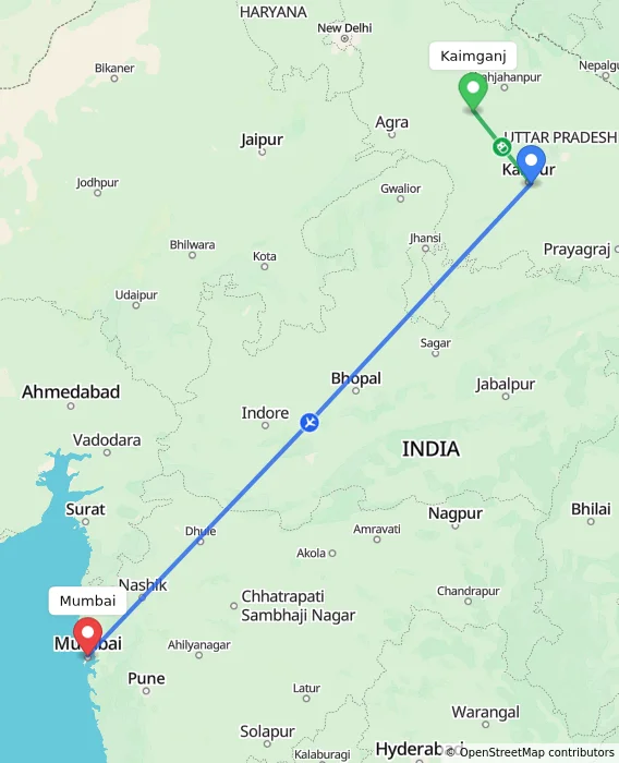 Route map showing distance and travel time from Kaimganj, India to Mumbai, India