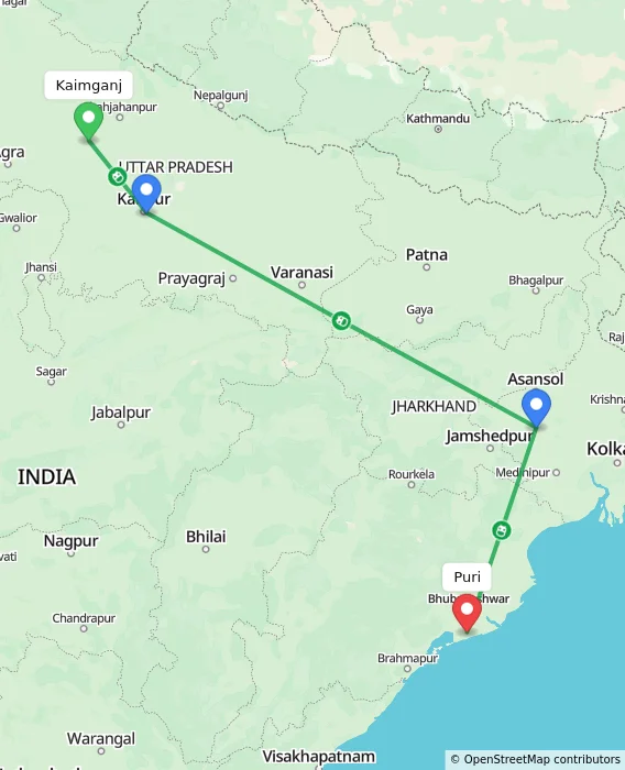 Route map showing distance and travel time from Kaimganj, India to Puri, India