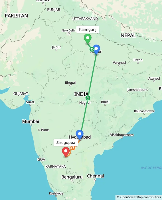 Route map showing distance and travel time from Kaimganj, India to Siruguppa, India