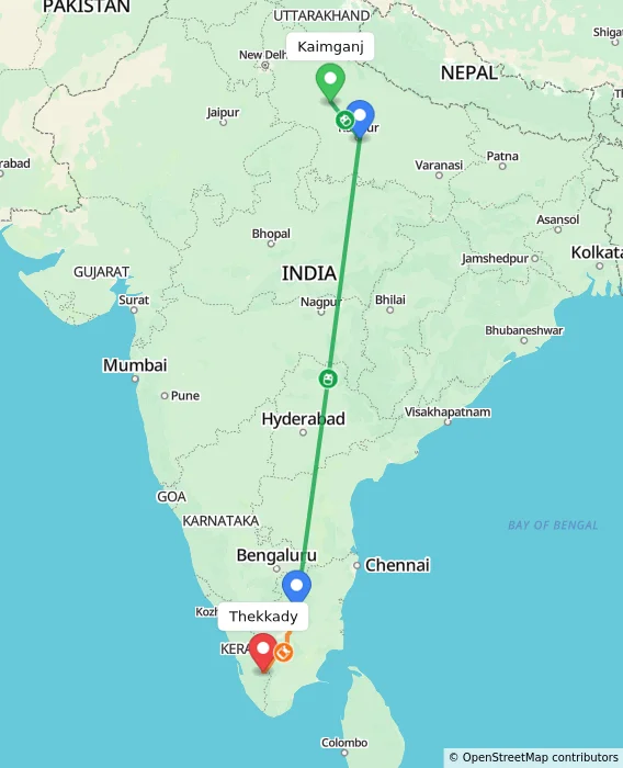 Route map showing distance and travel time from Kaimganj, India to Thekkady, India