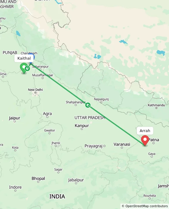 Route map showing distance and travel time from Kaithal, India to Arrah, India