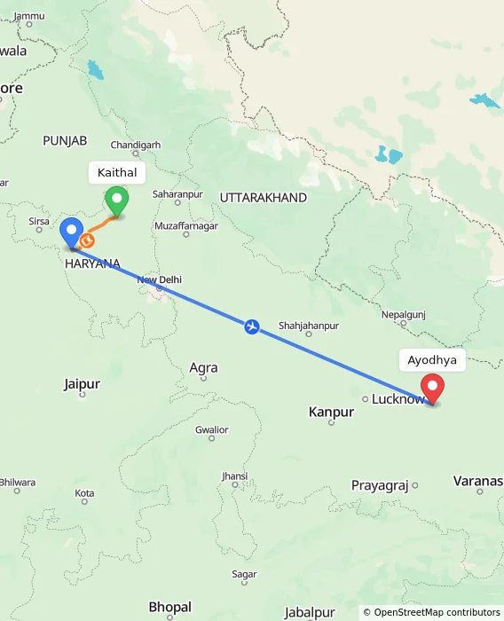Route map showing distance and travel time from Kaithal, India to Ayodhya, India