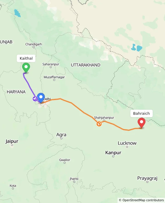 Route map showing distance and travel time from Kaithal, India to Bahraich, India