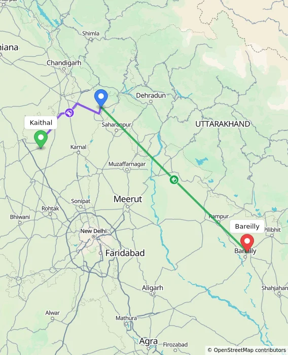 Route map showing distance and travel time from Kaithal, India to Bareilly, India
