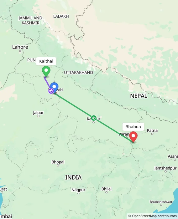 Route map showing distance and travel time from Kaithal, India to Bhabua, India