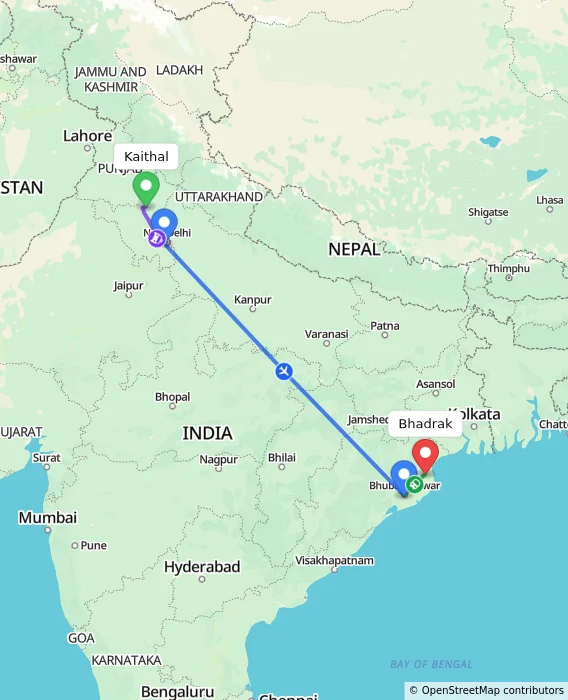 Route map showing distance and travel time from Kaithal, India to Bhadrak, India