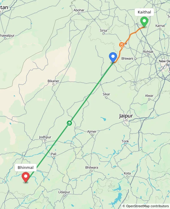 Route map showing distance and travel time from Kaithal, India to Bhinmal, India