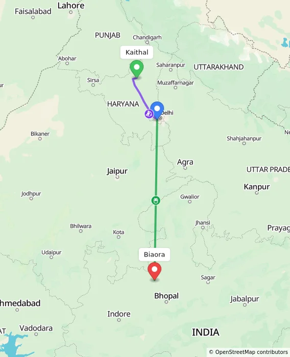 Route map showing distance and travel time from Kaithal, India to Biaora, India