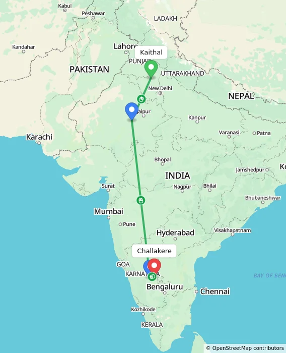 Route map showing distance and travel time from Kaithal, India to Challakere, India