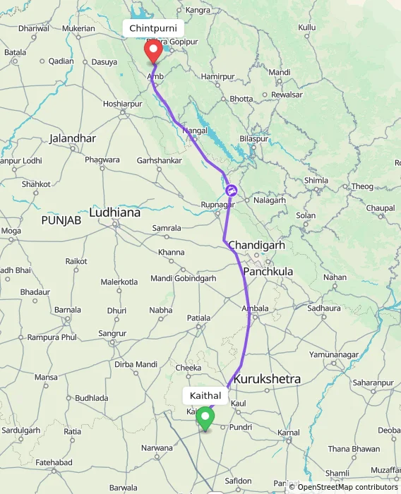 Route map showing distance and travel time from Kaithal, India to Chintpurni, India