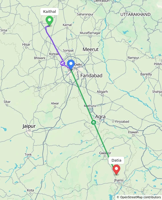 Route map showing distance and travel time from Kaithal, India to Datia, India