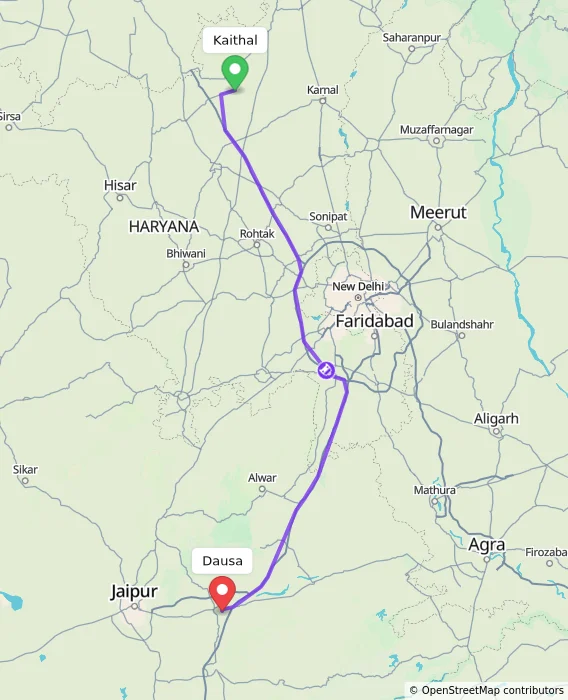 Route map showing distance and travel time from Kaithal, India to Dausa, India