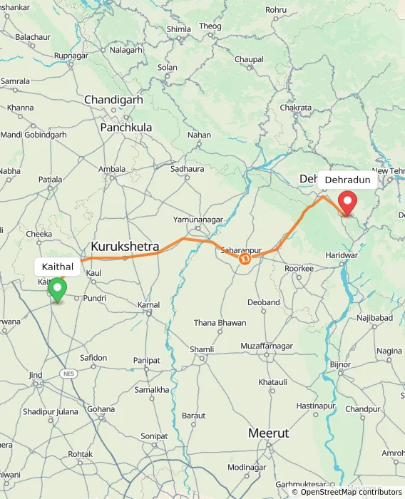 Route map showing distance and travel time from Kaithal, India to Dehradun, India