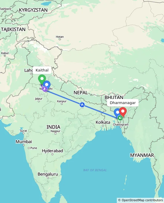 Route map showing distance and travel time from Kaithal, India to Dharmanagar, India