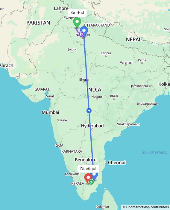 Route map showing distance and travel time from Kaithal, India to Dindigul, India