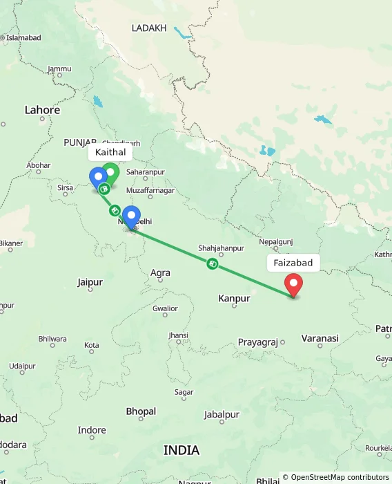 Route map showing distance and travel time from Kaithal, India to Faizabad, India