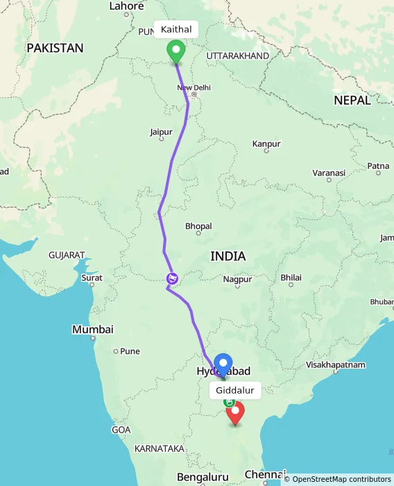 Route map showing distance and travel time from Kaithal, India to Giddalur, India