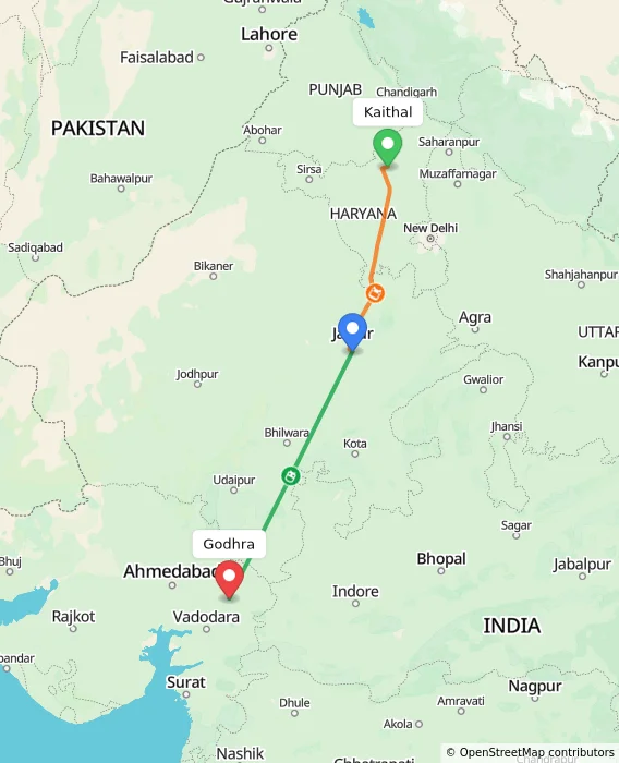 Route map showing distance and travel time from Kaithal, India to Godhra, India