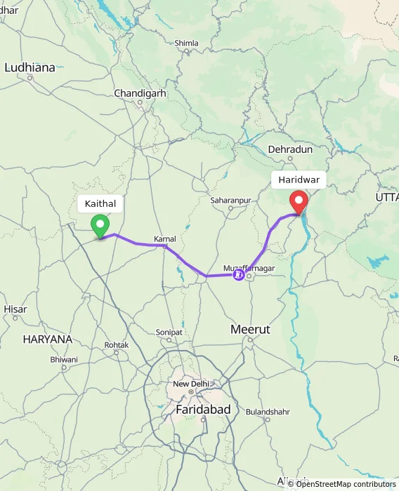 Route map showing distance and travel time from Kaithal, India to Haridwar, India