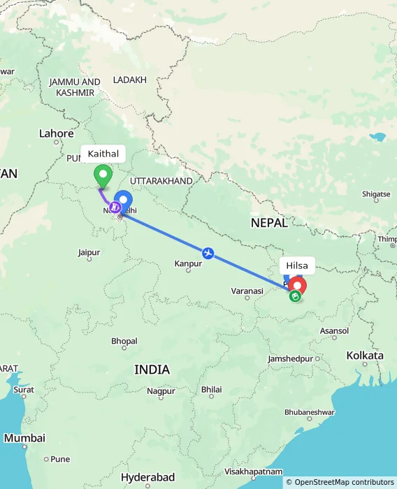 Route map showing distance and travel time from Kaithal, India to Hilsa, India