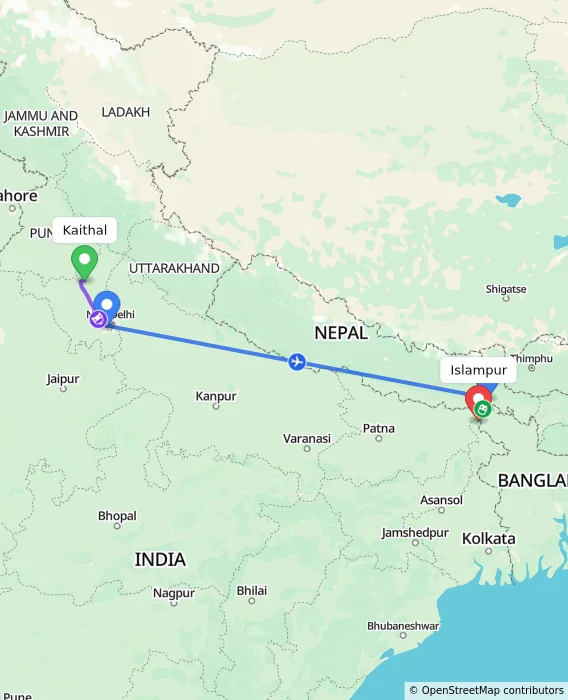Route map showing distance and travel time from Kaithal, India to Islampur, India