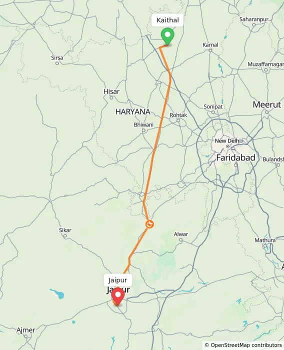Route map showing distance and travel time from Kaithal, India to Jaipur, India
