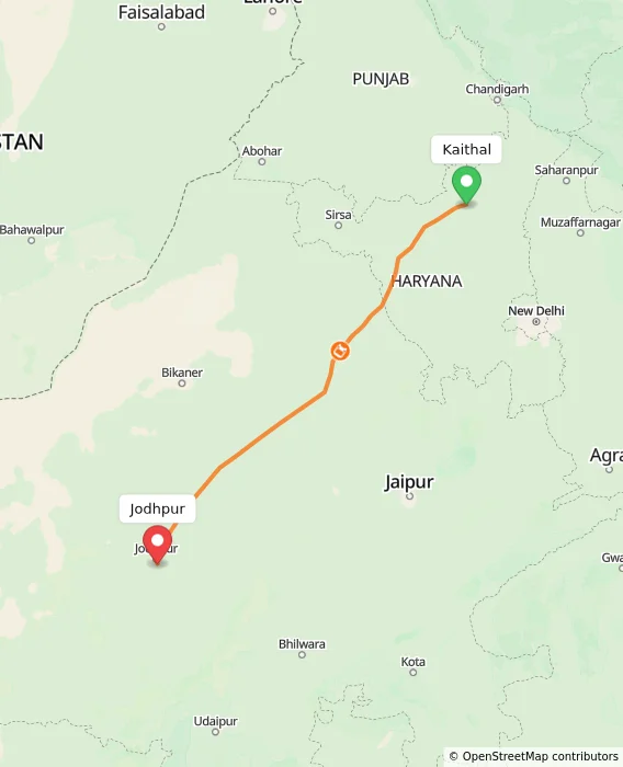 Route map showing distance and travel time from Kaithal, India to Jodhpur, India
