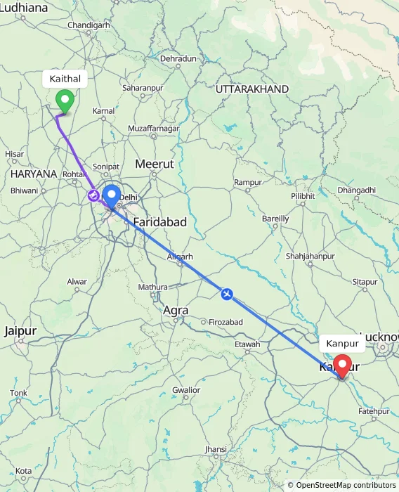 Route map showing distance and travel time from Kaithal, India to Kanpur, India