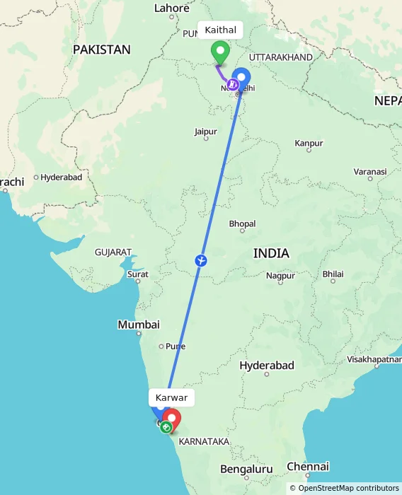 Route map showing distance and travel time from Kaithal, India to Karwar, India