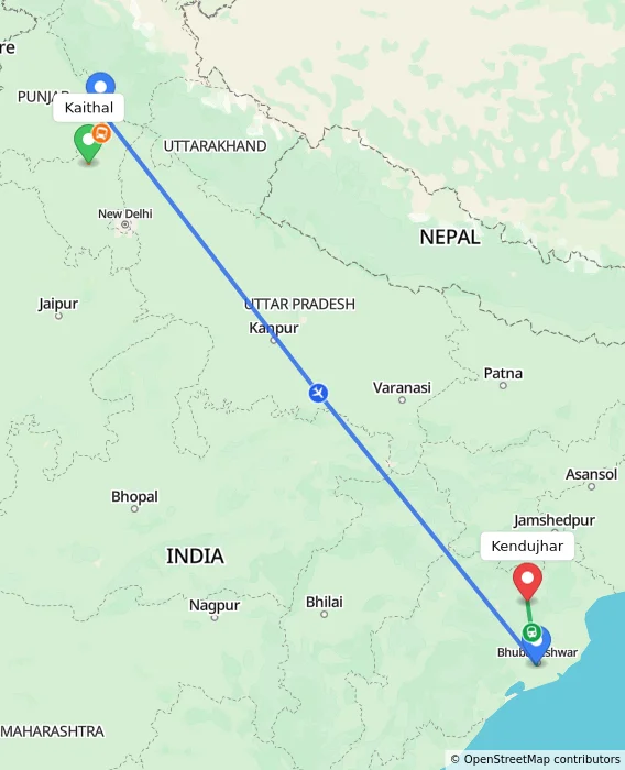 Route map showing distance and travel time from Kaithal, India to Kendujhar, India