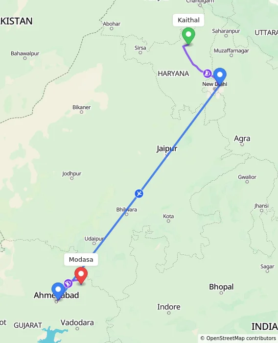 Route map showing distance and travel time from Kaithal, India to Modasa, India