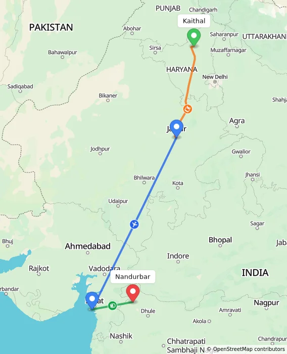 Route map showing distance and travel time from Kaithal, India to Nandurbar, India